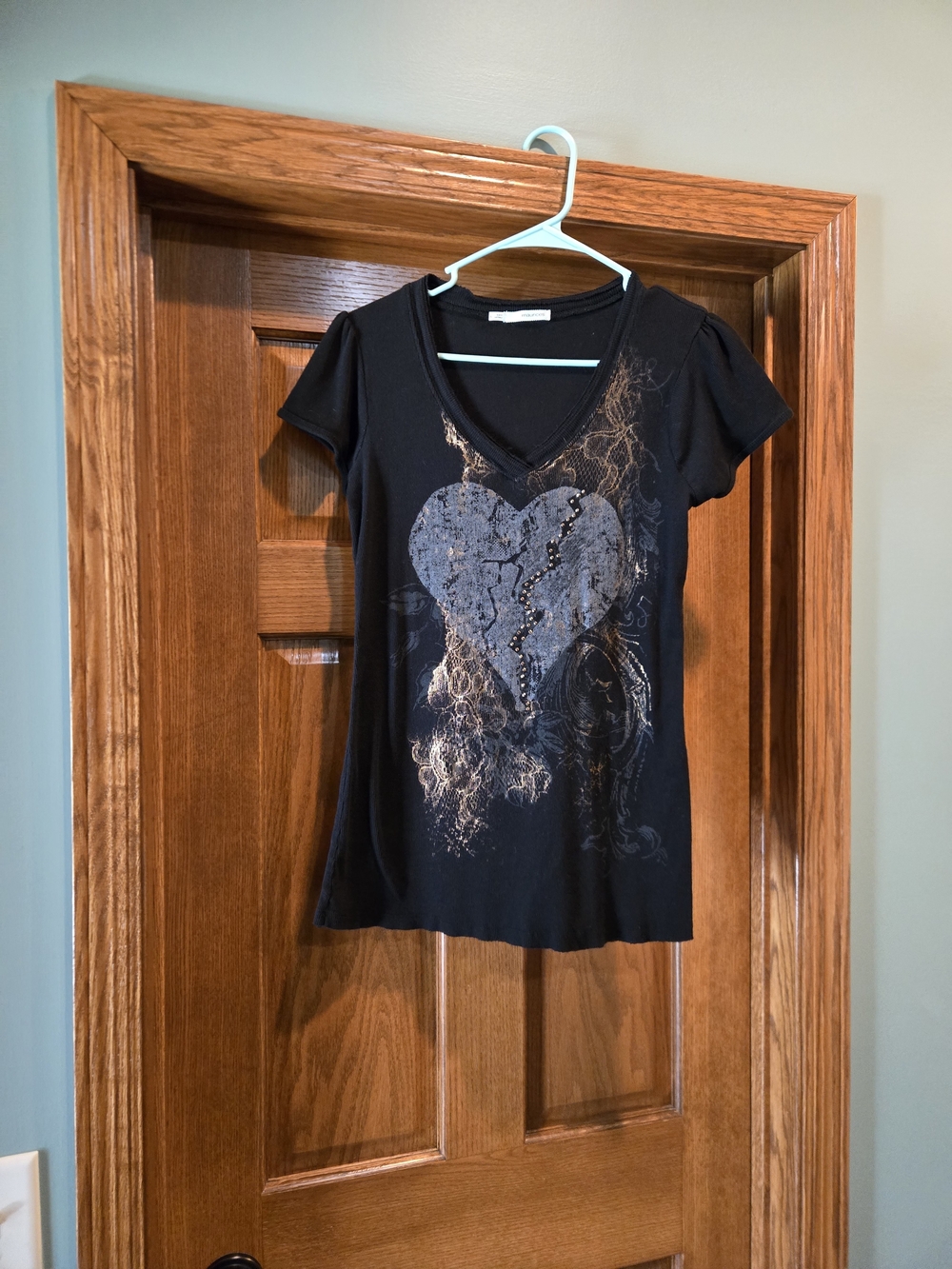 Maurices Black V-Neck Heart Graphic Tee with Metallic Accents